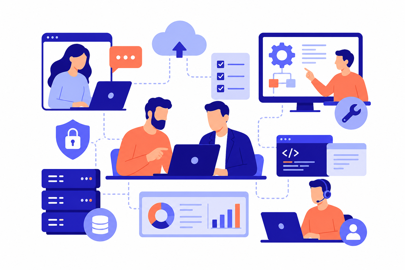 Vector illustration of technical consulting and managed IT services