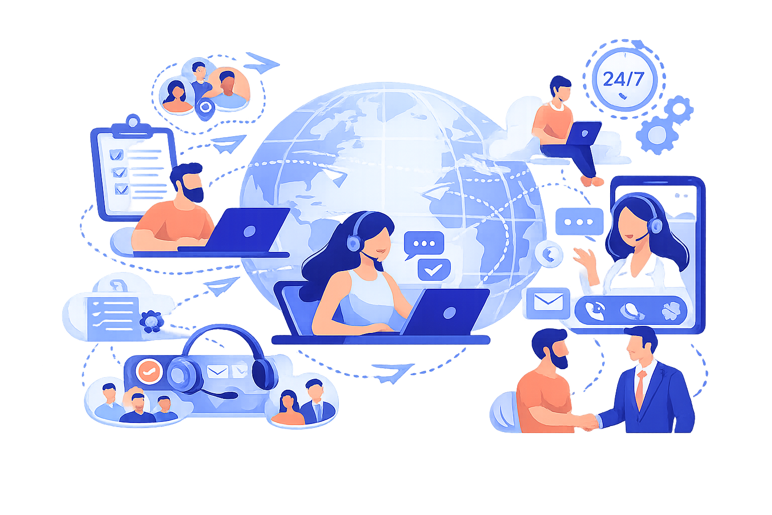 Vector illustration of outsourcing and contact center enablement